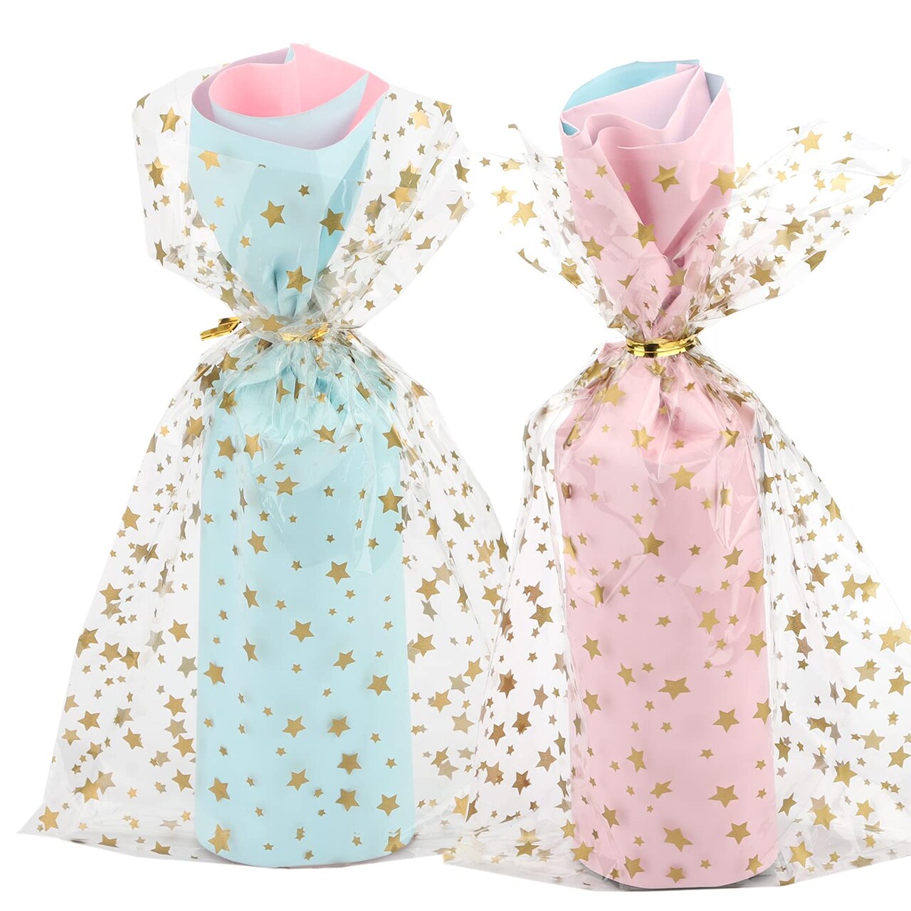100 Pieces Star Printed 5"X 7" Gift Wrap Cello Cellophane Treat Bags Party Favor bags Clear Candy Cookie Bags Plastic Poly Goodie Storage Bags with Twist Ties for Bakery,Birthday, Wedding,Party